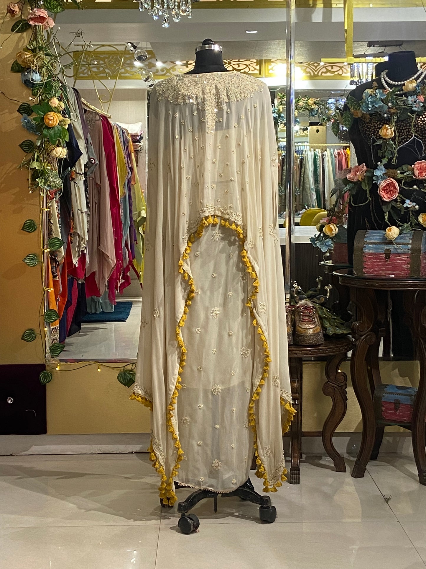 Off white georgette cape set with cowl drape skirt