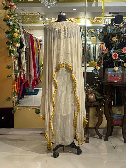 Off white georgette cape set with cowl drape skirt