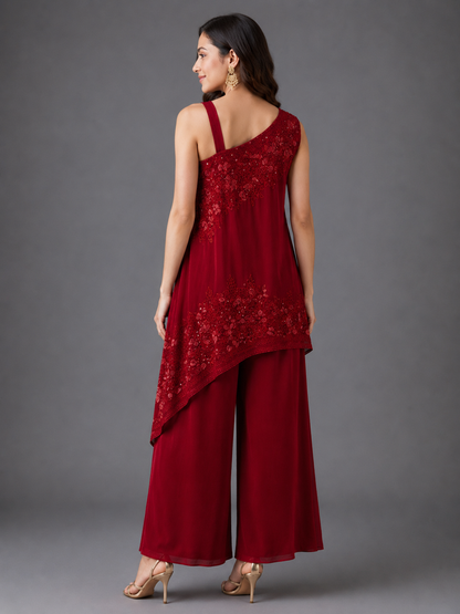 Red Satin Embellished Cord Set