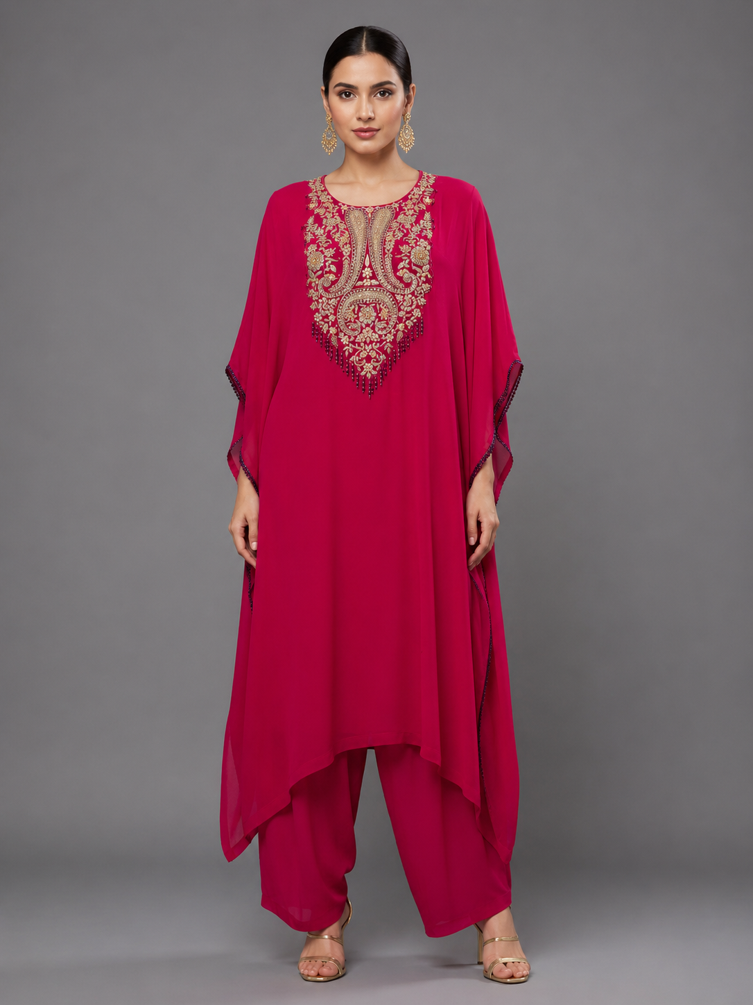 Fuchsia Pink Soft Silk Indo Western Straight Kurta & Pant