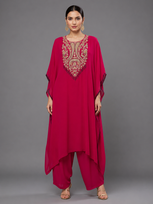 Fuchsia Pink Soft Silk Indo Western Straight Kurta & Pant