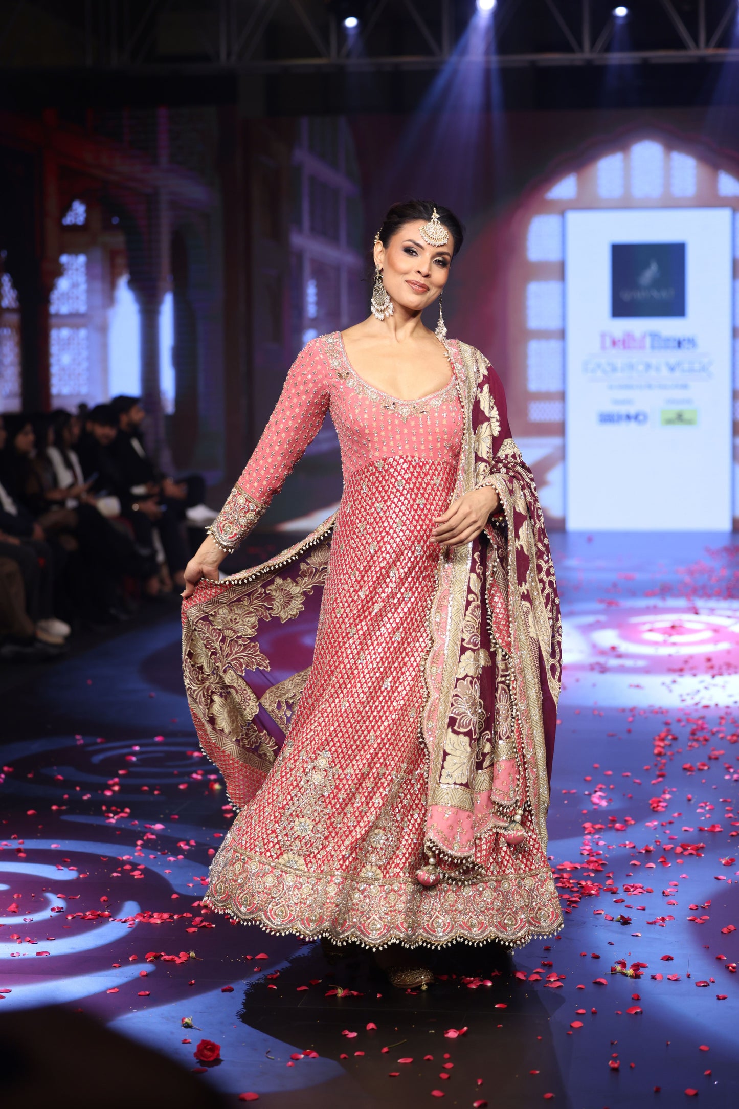 The Ghungroo Showstopper: Pink & Red Hand-Embroidered Anarkali with Burgundy Banarsi Dupatta