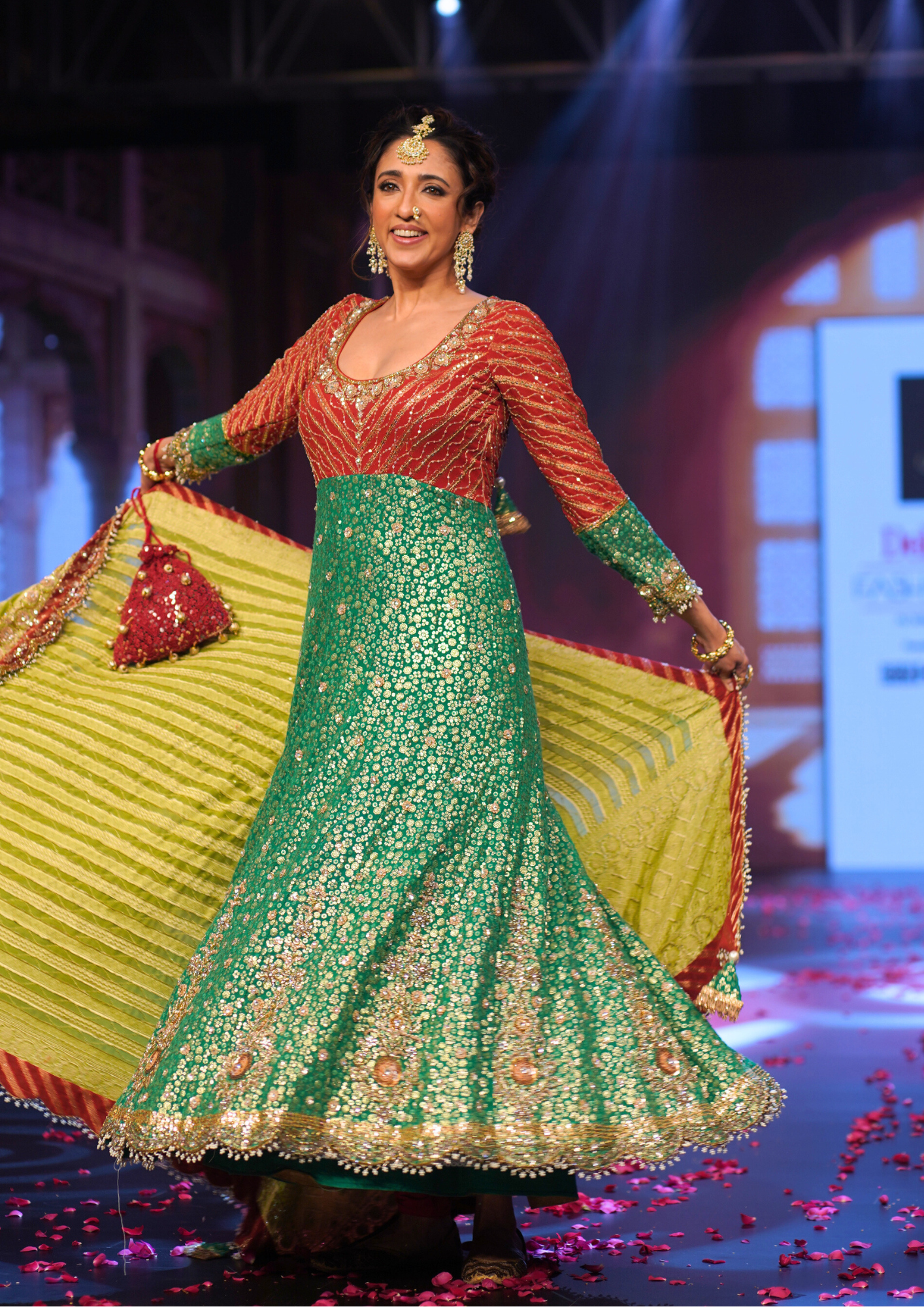 Ghungroo Green and Red Hand Embroidered Silk Anarkali with Hand-Embellished Dupatta