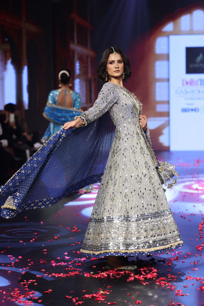 Ghungroo Gray Mirror Work Hand-Embroidered Anarkali with Hand-Embroidered Cobalt Blue Dupatta