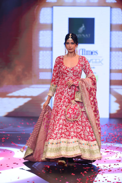 Ghungroo Crimson Red Hand-Embroidered Georgette Anarkali with Banarsi Dupatta