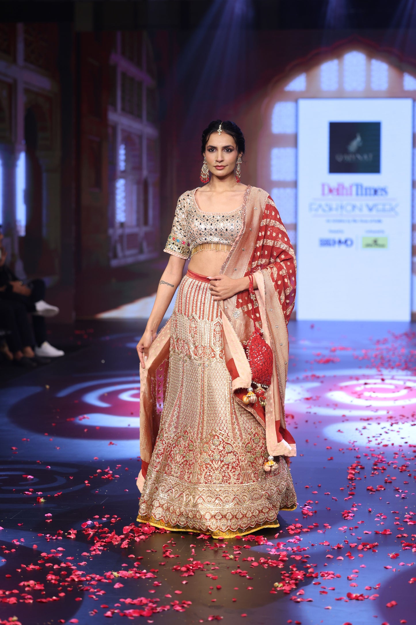 Ghungroo Brick Red & Peach Banarsi Lehenga with Polki & Mirror Work