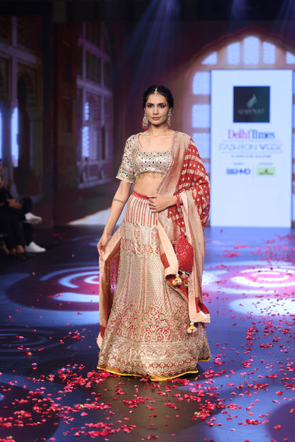 Ghungroo Brick Red & Peach Banarsi Lehenga with Polki & Mirror Work