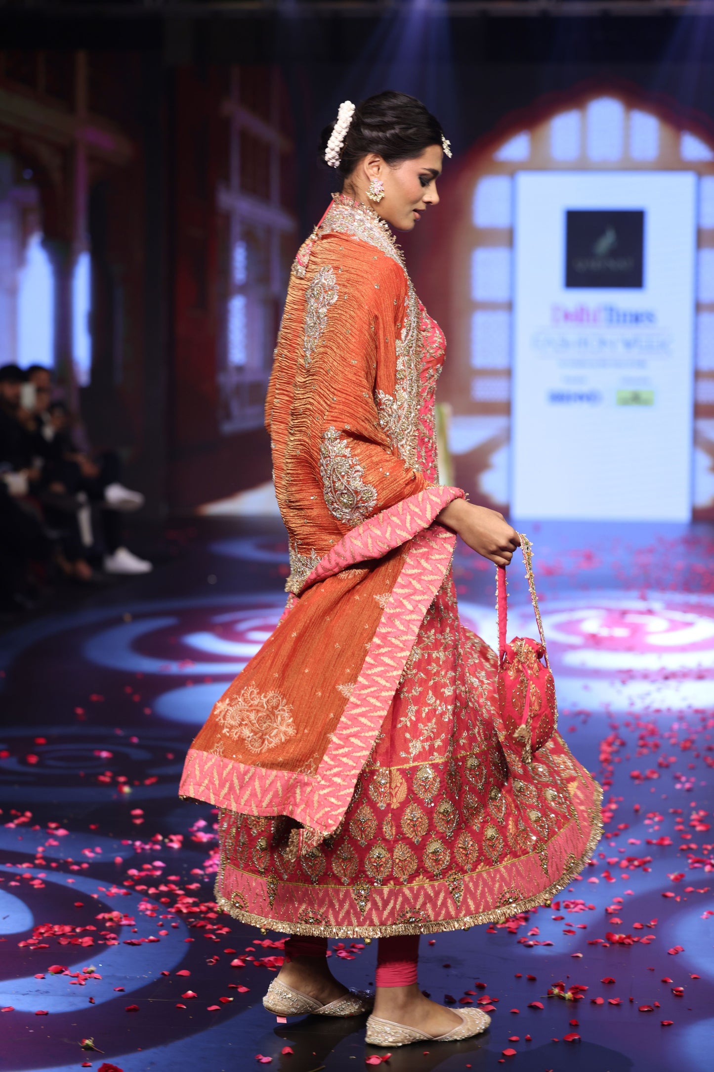 Ghungroo Peach Zari & Aari Work Anarkali with Rust Banarsi Dupatta