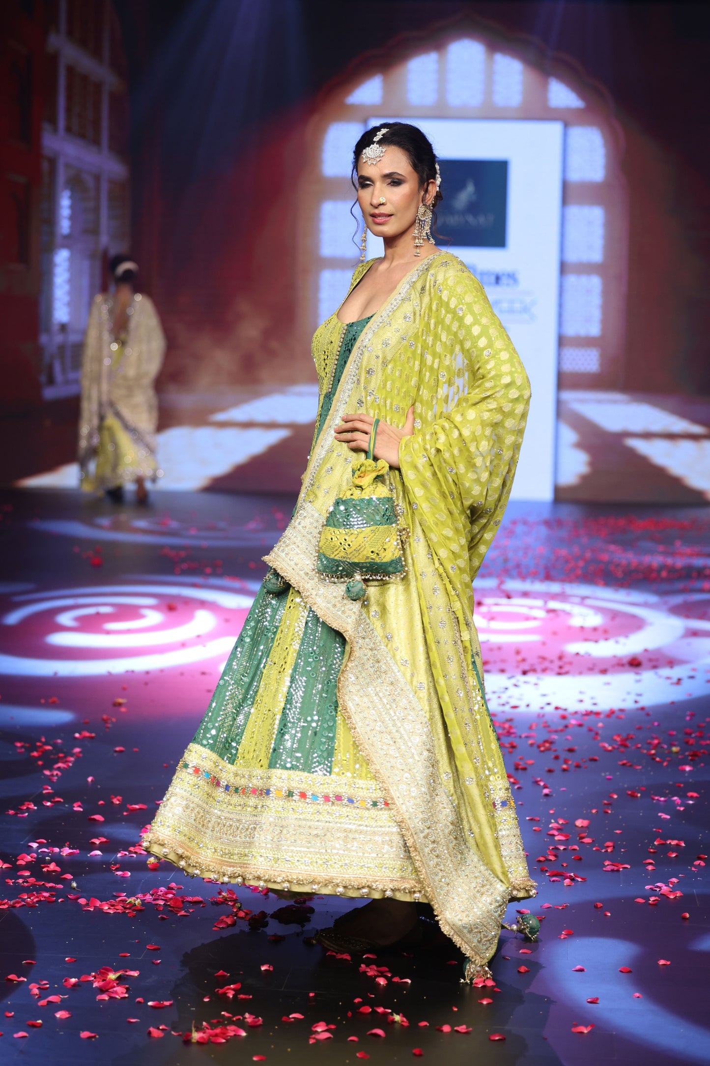 Ghungroo Lime & Green Hand Embroidered Mirror Work Silk Anarkali Set