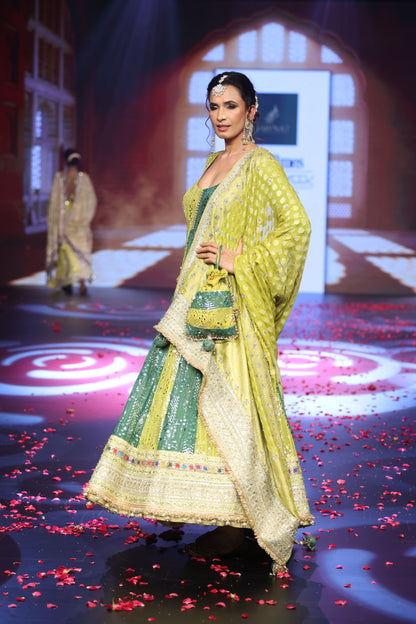 Ghungroo Lime & Green Hand Embroidered Mirror Work Silk Anarkali Set