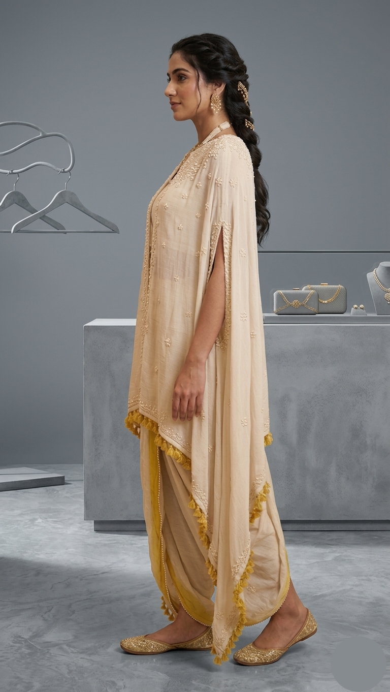 Off-White Georgette Cape Set with Cowl Drape Skirt