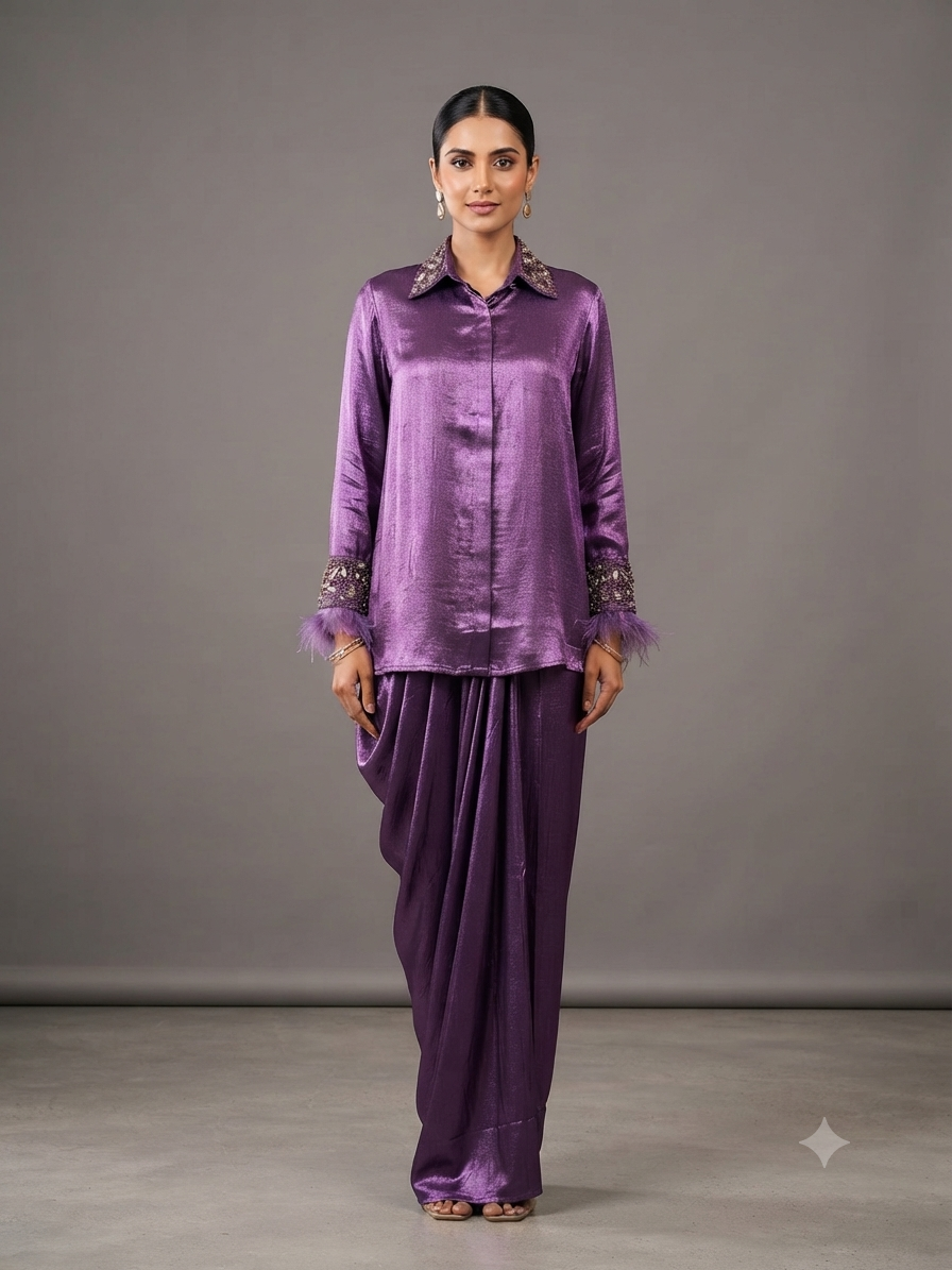 Purple Satin Blend Straight-Cut Shirt Cowl Drape Skirt