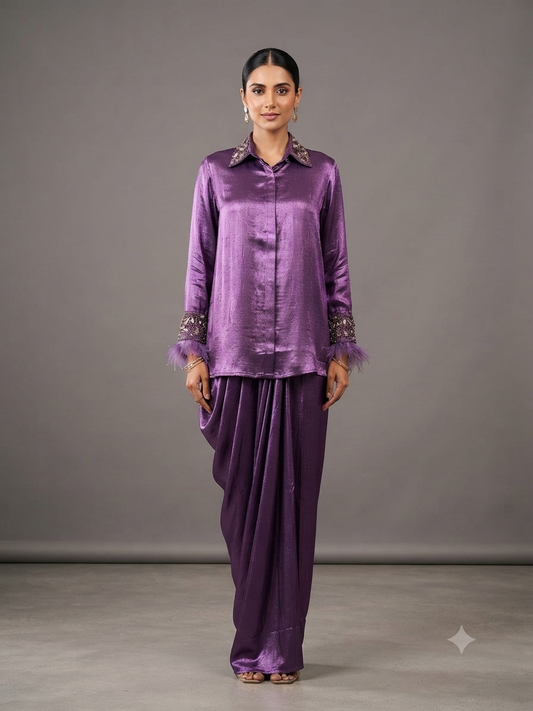 Purple Satin Blend Shirt and Cowl Drape Skirt Set