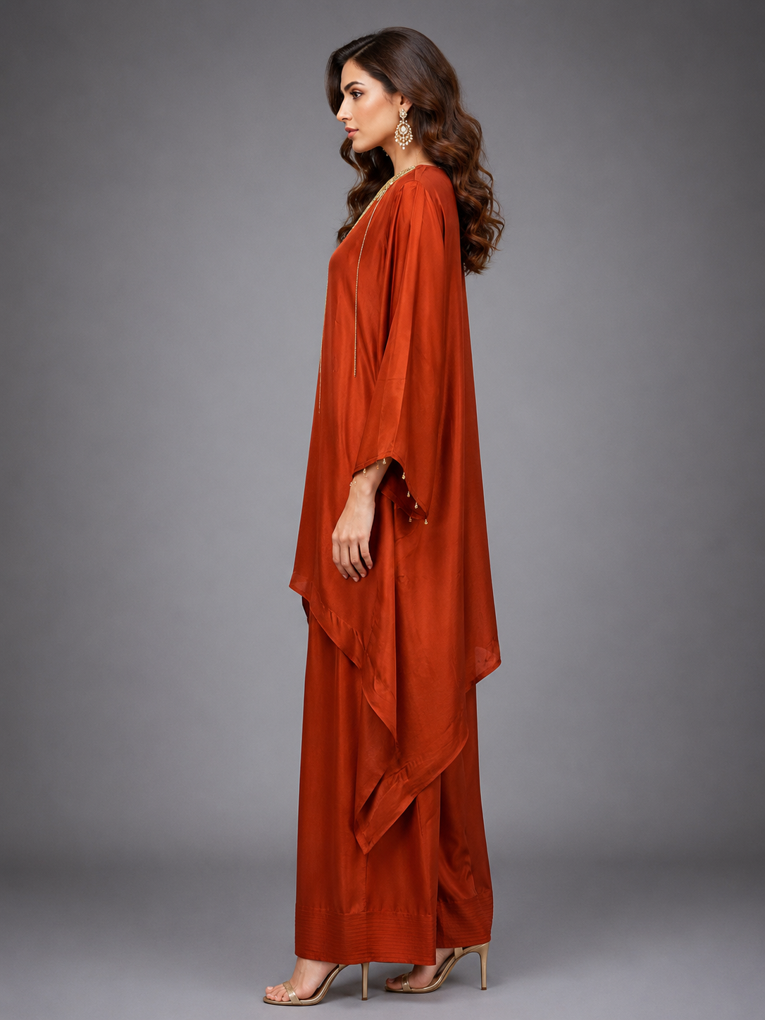 Rust Satin Neack Embellished  Cord Set