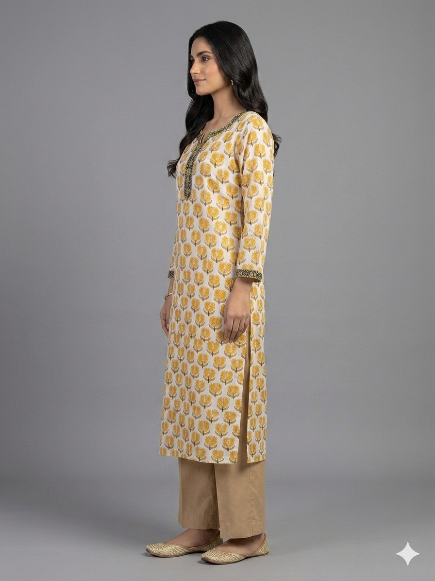Yellow Printed Cotton Kurta