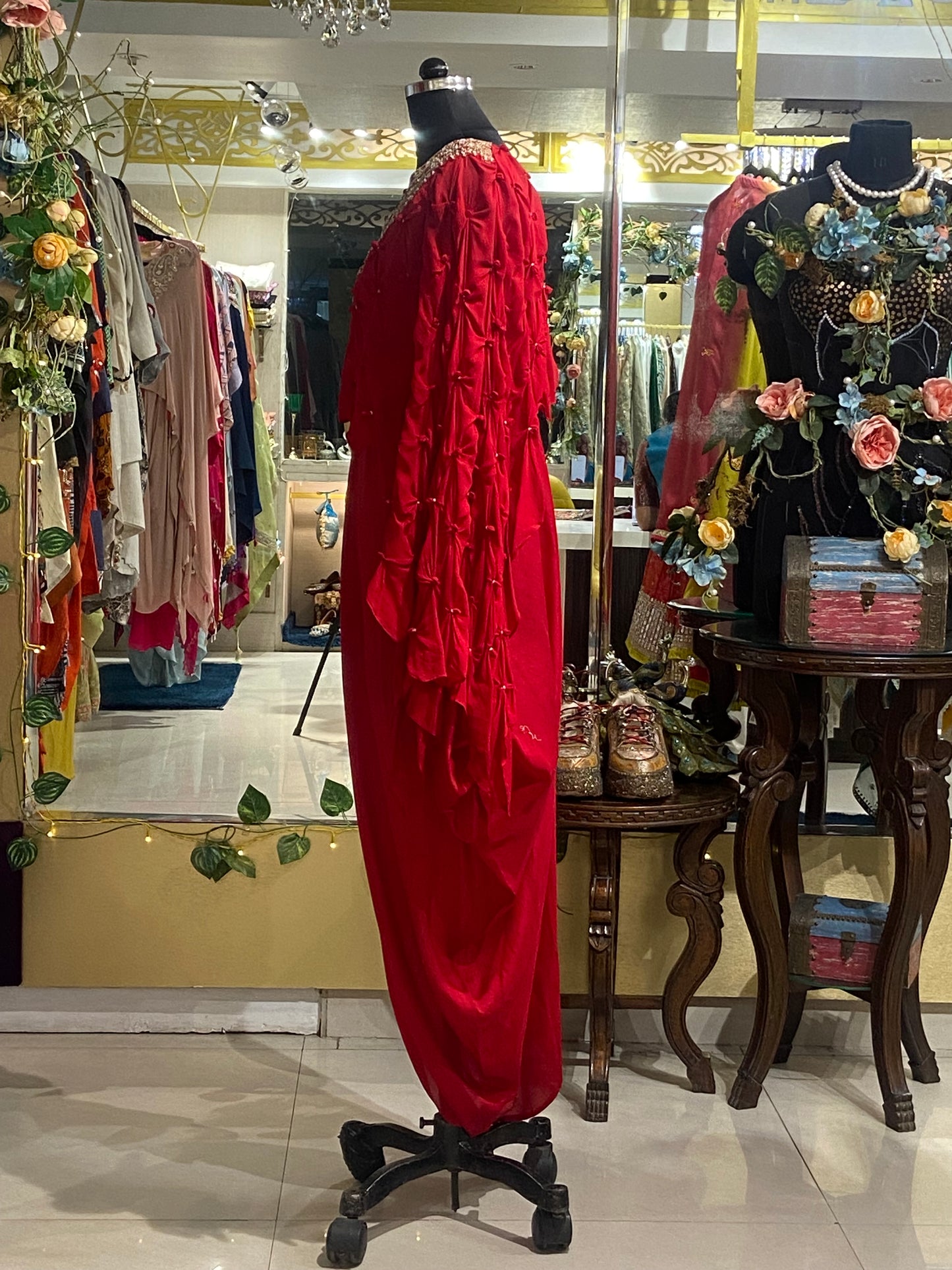 Red georgette dress with cape