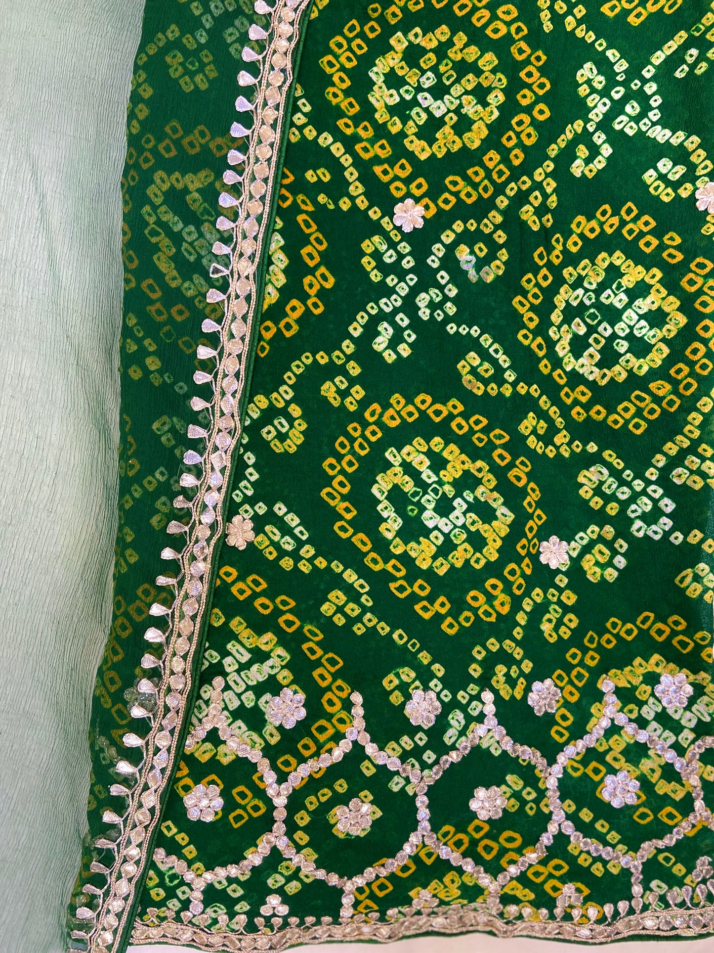 Green Printed Crape Bandhej Unstitched Fabric