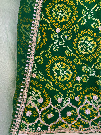 Green Printed Crape Bandhej Unstitched Fabric