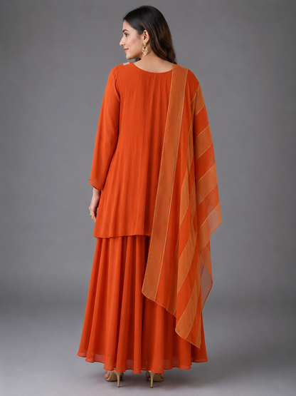 Orange Satin Embellish Flat Pant with shirt Dupatta