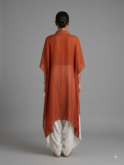 Rust Satin Hand Embroidered Kimono with Ivory Dhoti