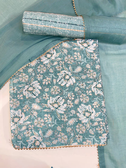 Blue Printed Cotton Unstitched Fabric