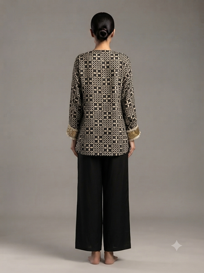 Black Modal Silk Printed Cord Set