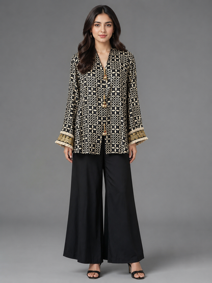 Black Modal Silk Printed Cord Set