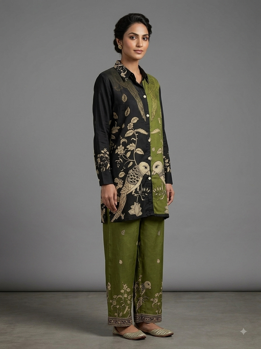 Green & Black Crepe Printed Cord Set