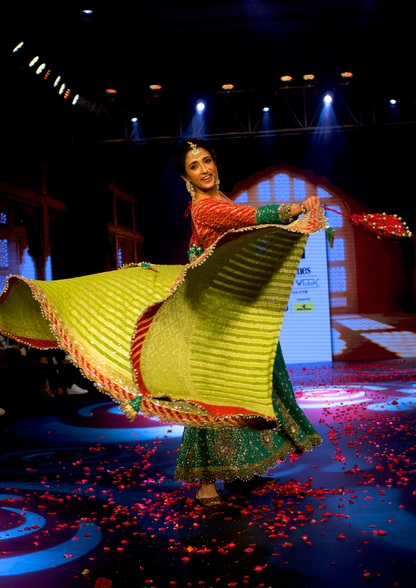 Ghungroo Green and Red Hand Embroidered Silk Anarkali with Hand-Embellished Dupatta