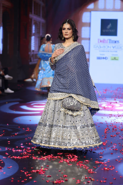 Ghungroo Gray Mirror Work Hand-Embroidered Anarkali with Hand-Embroidered Cobalt Blue Dupatta
