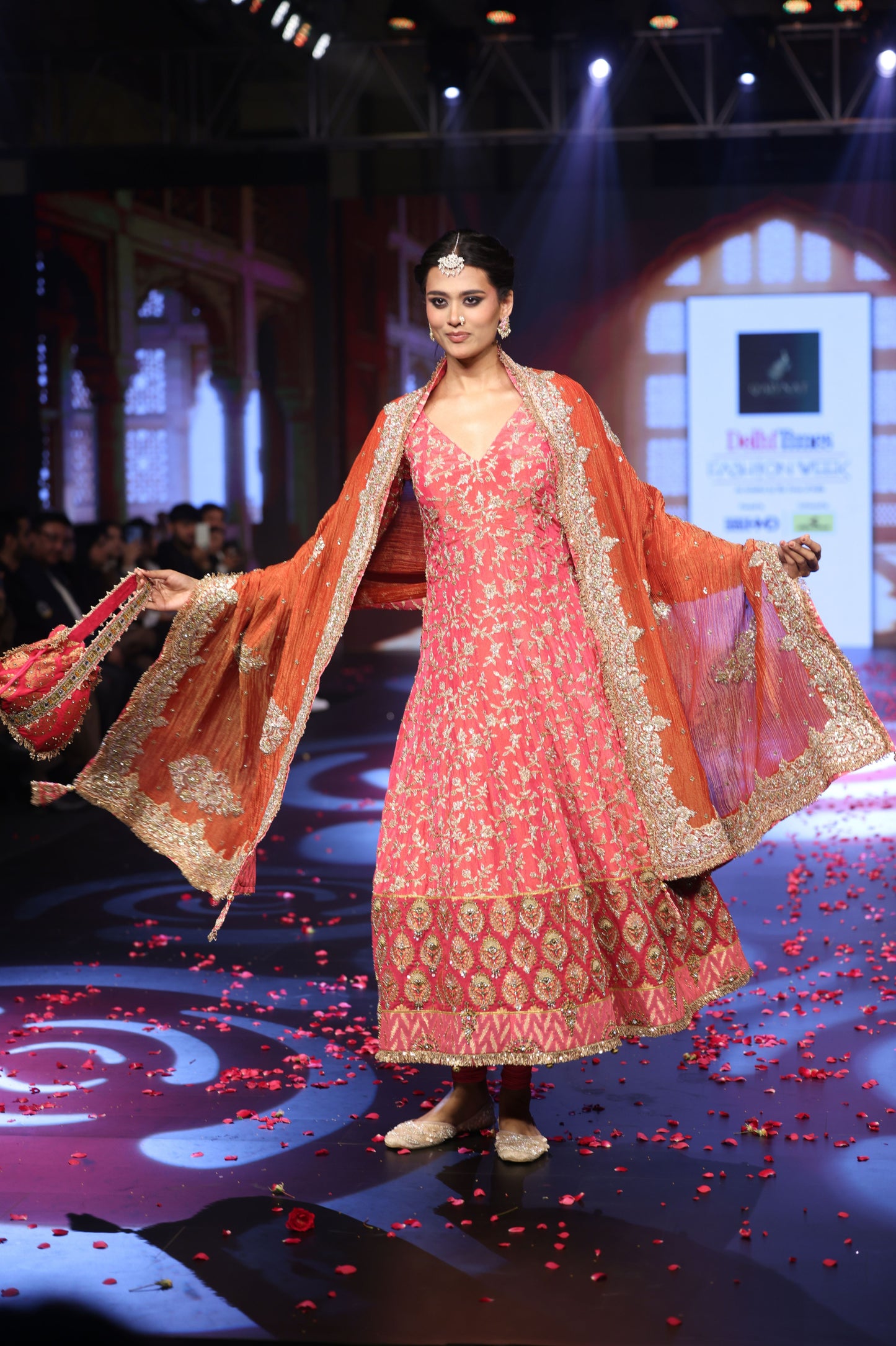 Ghungroo Peach Zari & Aari Work Anarkali with Rust Banarsi Dupatta