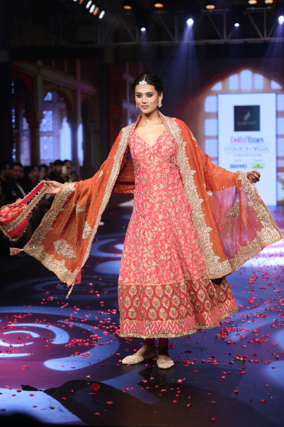 Ghungroo Peach Zari & Aari Work Anarkali with Rust Banarsi Dupatta
