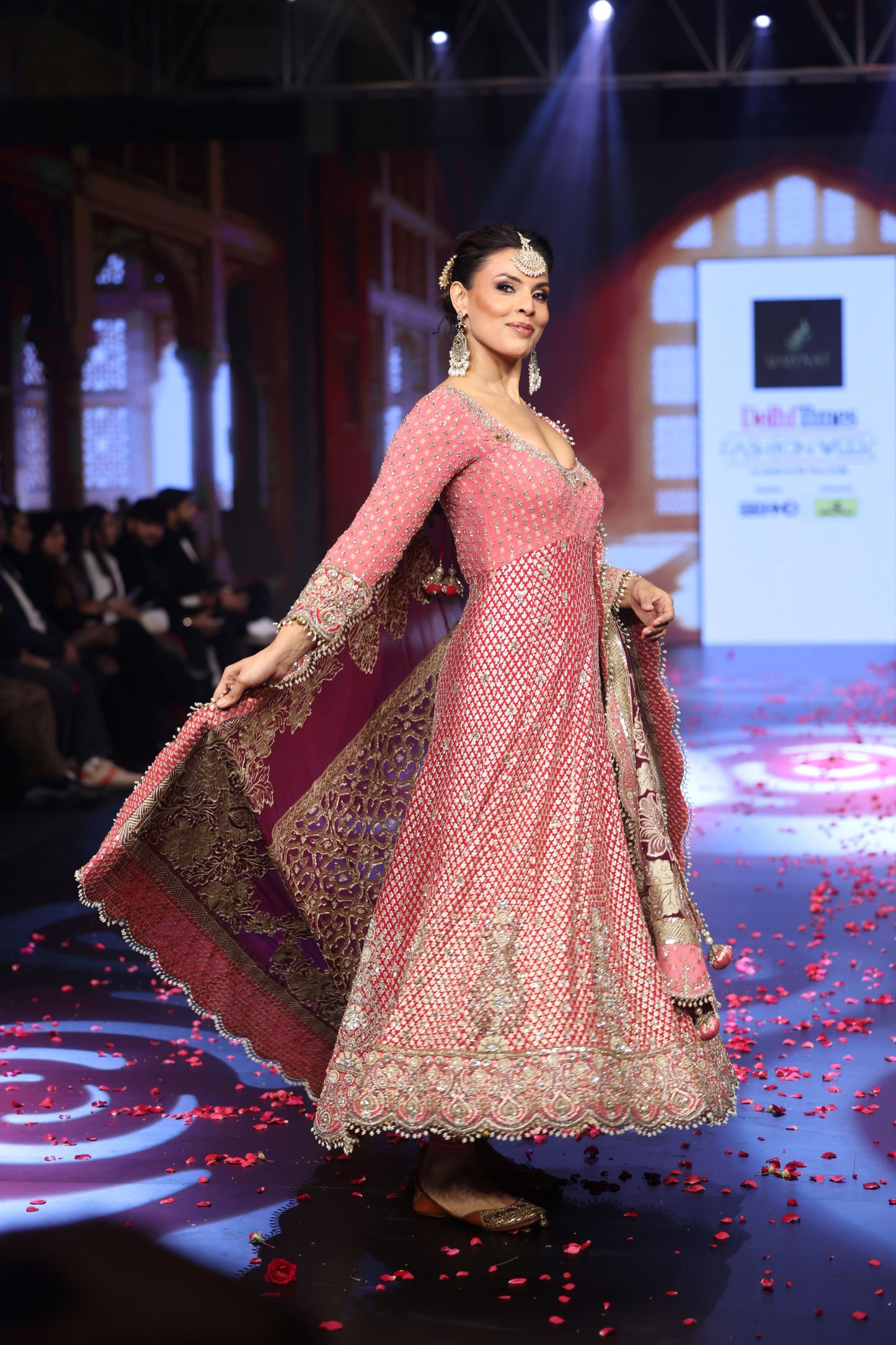 The Ghungroo Showstopper: Pink & Red Hand-Embroidered Anarkali with Burgundy Banarsi Dupatta