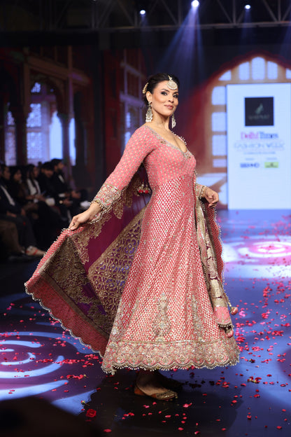 The Ghungroo Showstopper: Pink & Red Hand-Embroidered Anarkali with Burgundy Banarsi Dupatta