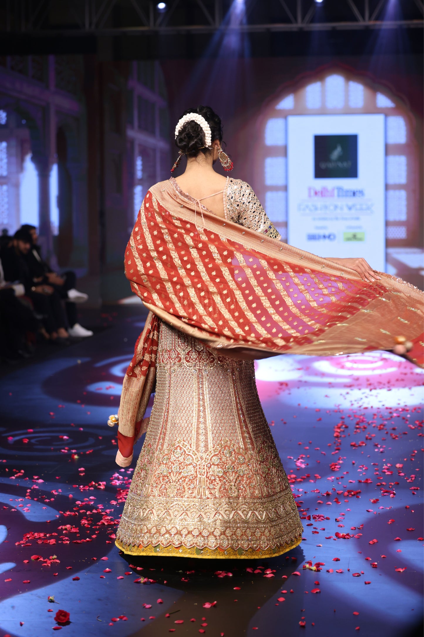 Ghungroo Brick Red & Peach Banarsi Lehenga with Polki & Mirror Work