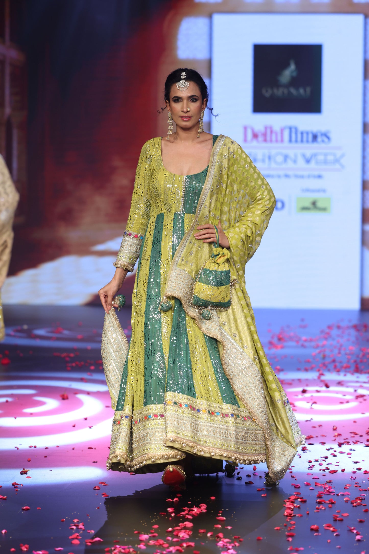 Ghungroo Lime & Green Hand Embroidered Mirror Work Silk Anarkali Set