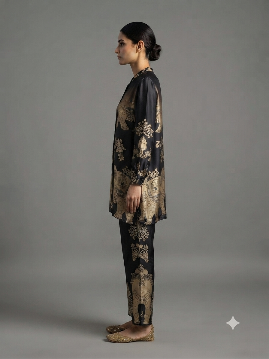 Black Printed Crepe Cord Set