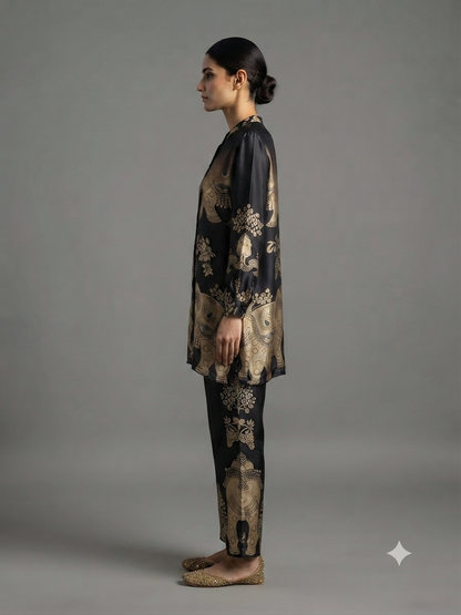 Black Printed Crepe Cord Set