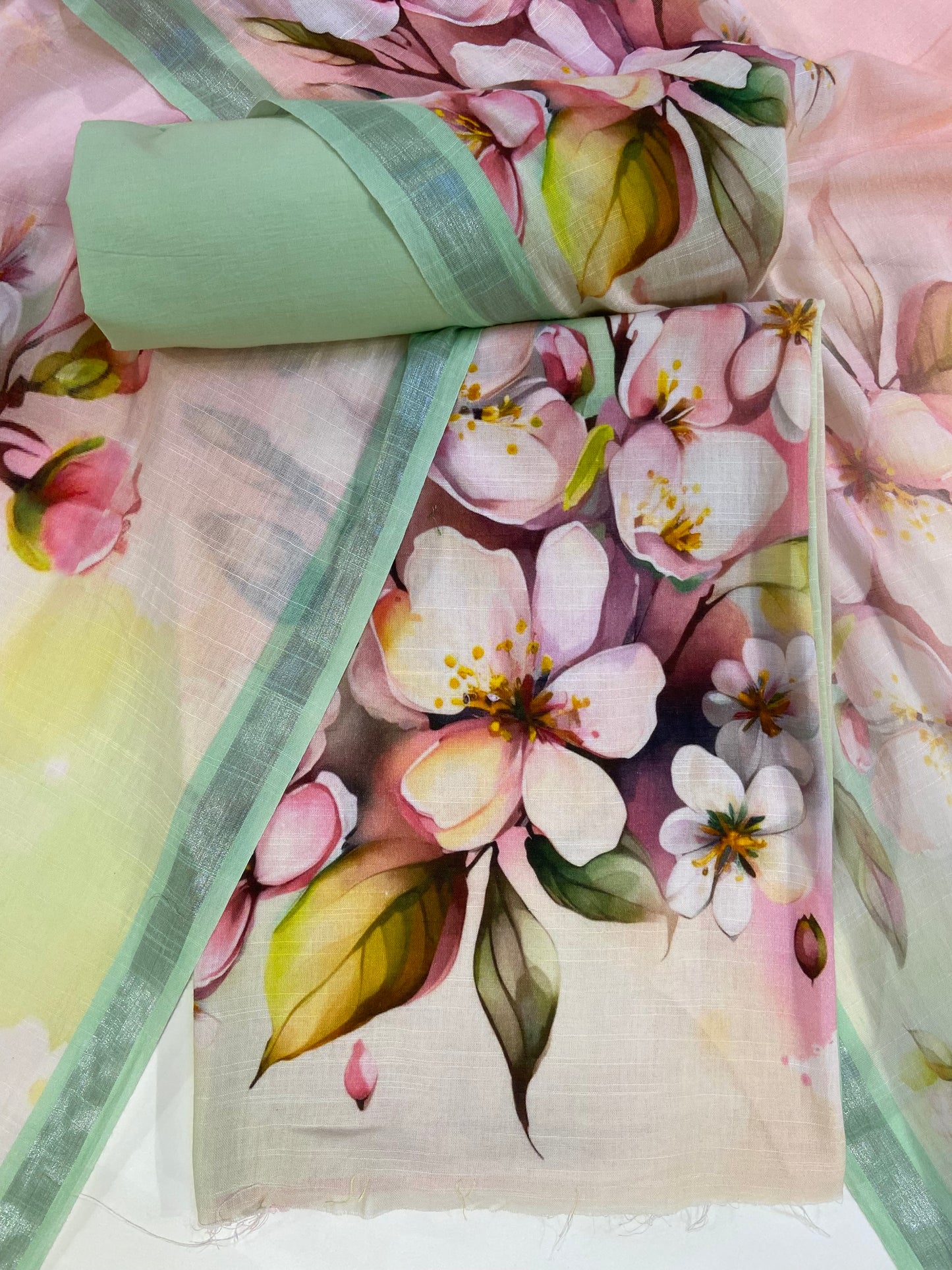 Peach printed maheshwari cotton unstitch febric