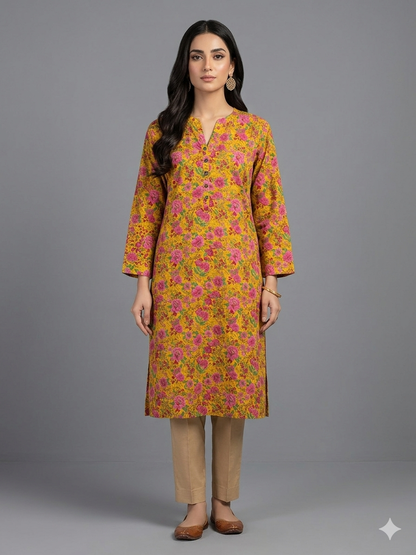 Mustard Yellow Printed Cotton Kurta