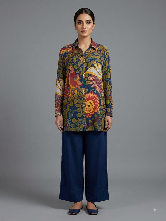 Blue Hand Paint Printed Crepe Cord Set