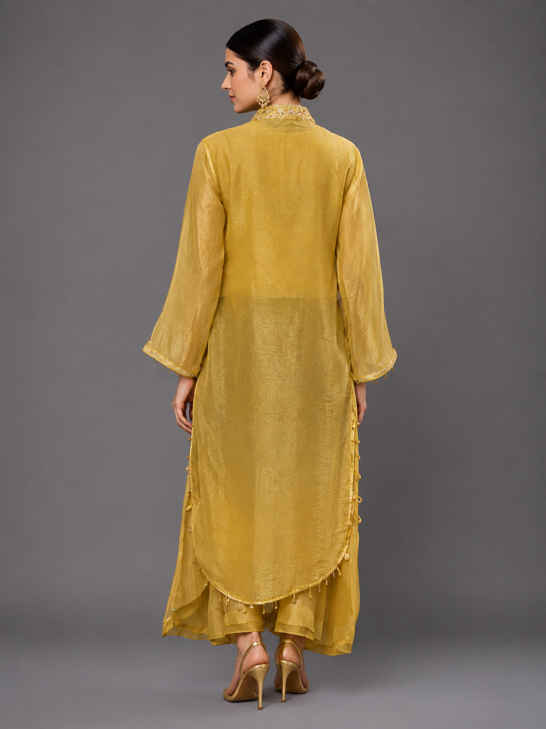 Gold Tissue Silk Hand Embroidered Kurta Set