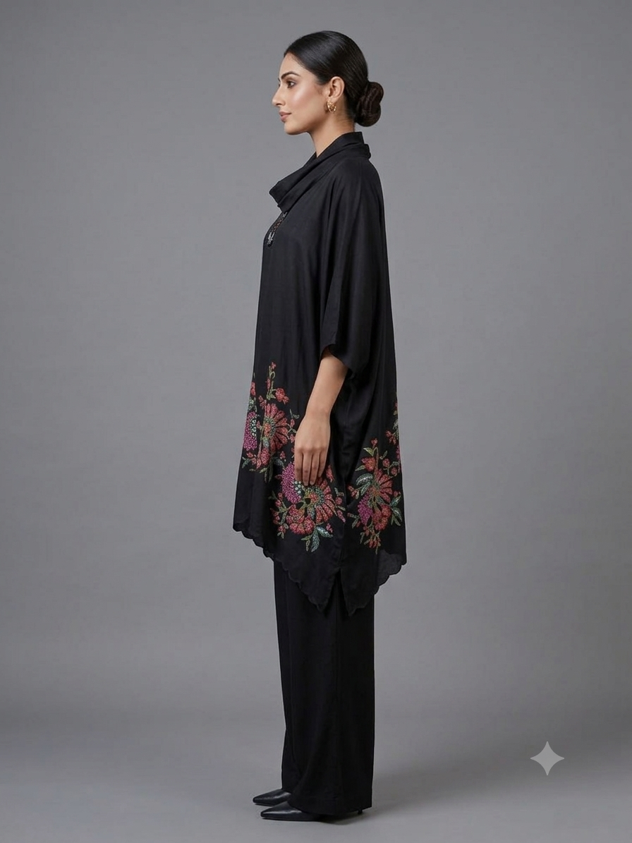 Black Kimono Cord Set with Hand-Thread Work