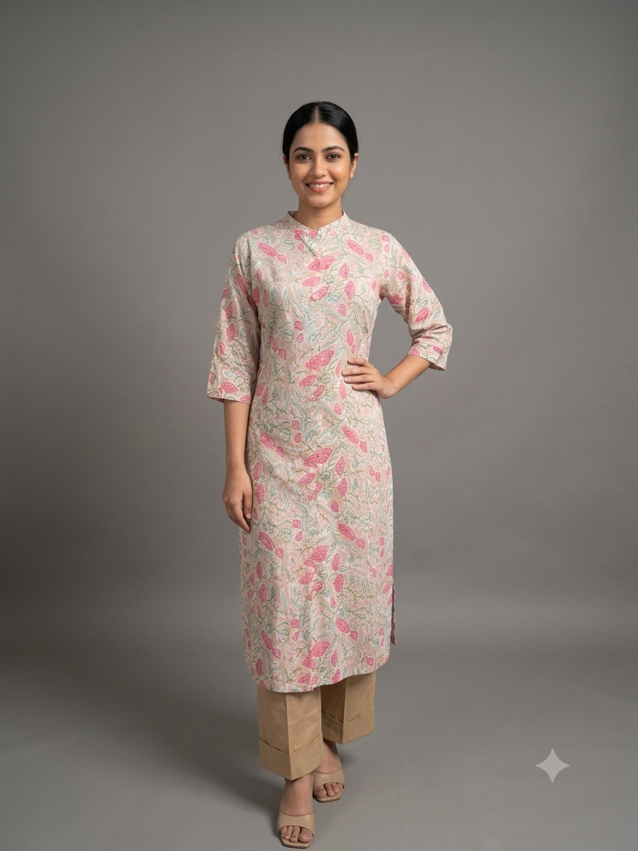 Peach Printed Cotton Kurta