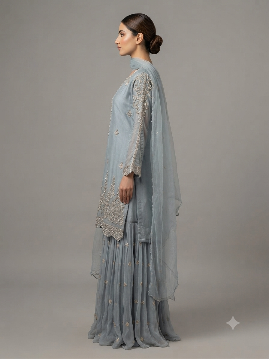 Grey Chinon Cut Dana Embroidered Kurta with Dupatta and Flared Pants