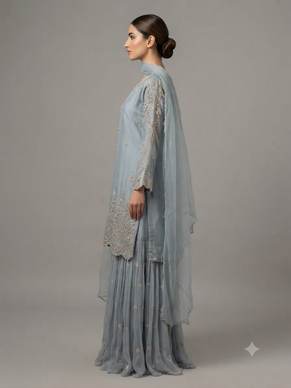 Grey Chinon Cut Dana Embroidered Kurta with Dupatta and Flared Pants