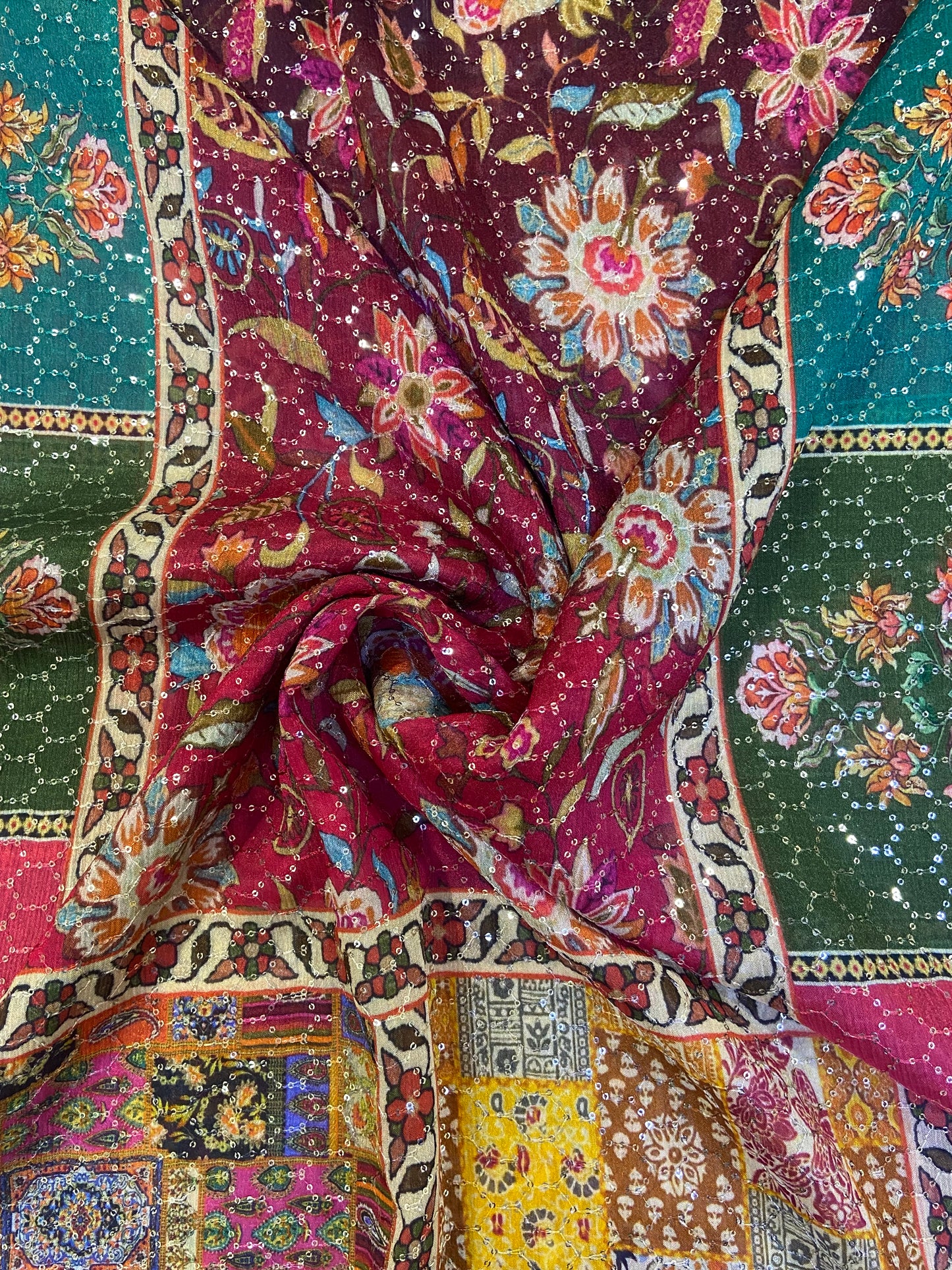 Mint silk printed hand embroidered dupatta