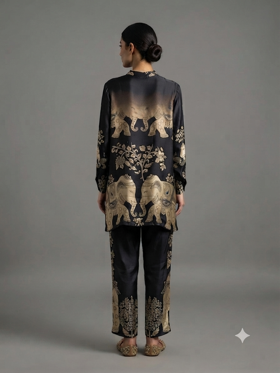 Black Printed Crepe Cord Set