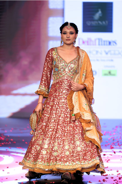 Ghungroo Rust Sequence & Mirror Work Hand Embroidered Anarkali Set