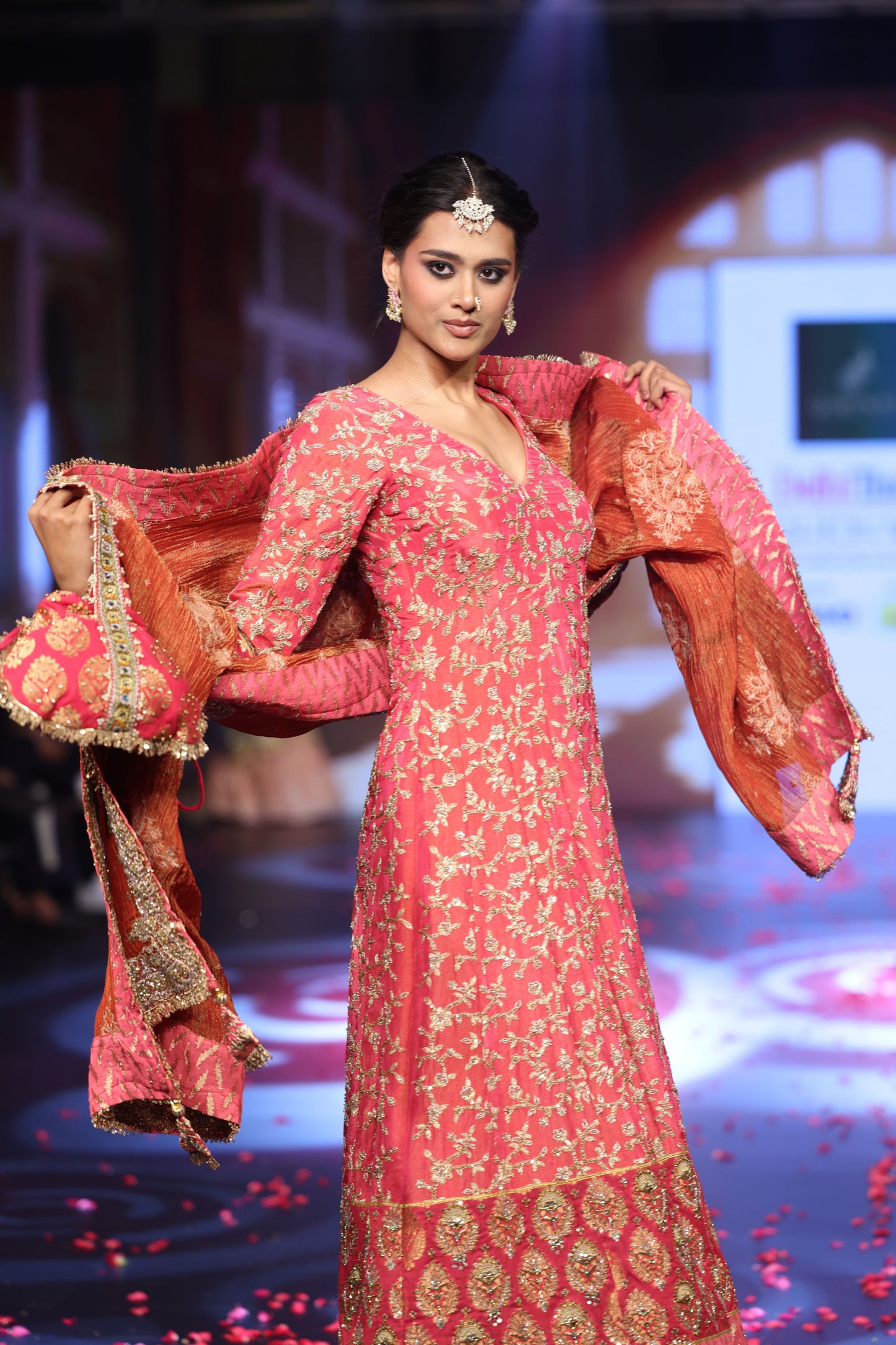Ghungroo Peach Zari & Aari Work Anarkali with Rust Banarsi Dupatta